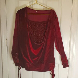 Womens Velvet Like Holiday Long Sleeve Top with Sequin Front and Cuffs
